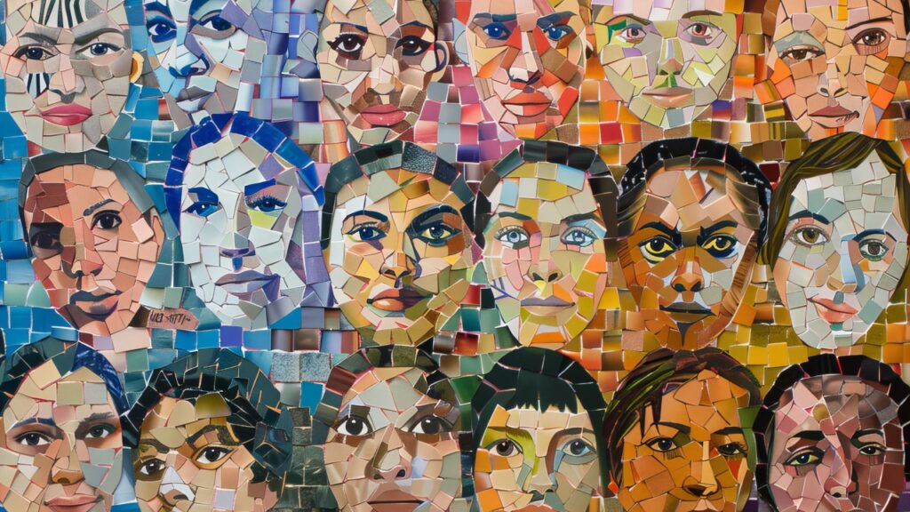 Colorful mosaic collage depicting diverse faces representing unity, inclusion, and connection — symbolizing the collective strength and diversity.